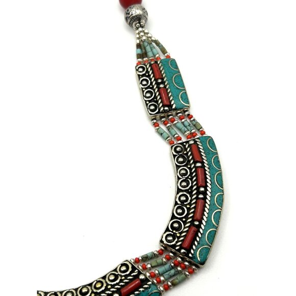 Tibetan Nepal Handmade Natural Turquoise, Coral, Lapis, Necklace & Earring Set - Picture 5 of 10